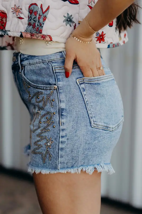Western Embroidery Stud Denim Shorts Summer Daily Wear