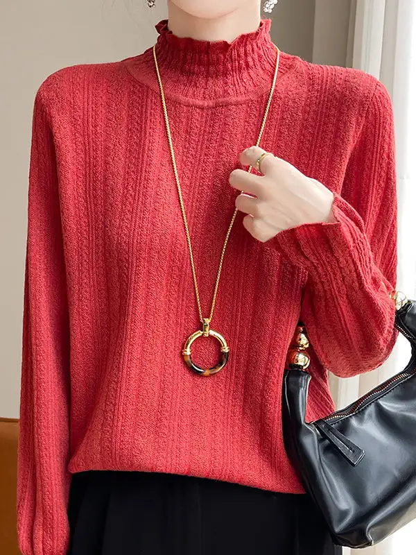 Long Sleeve Relaxed Elasticity Ruffle Trim Mock Neck T-Shirt