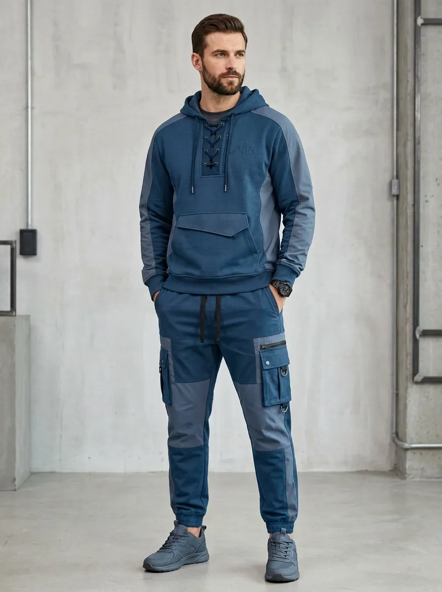 Trail-Inspired Lace-Up Multi Pocket Shape Men's Lace Up Hoodie And Cargo Jogger Set