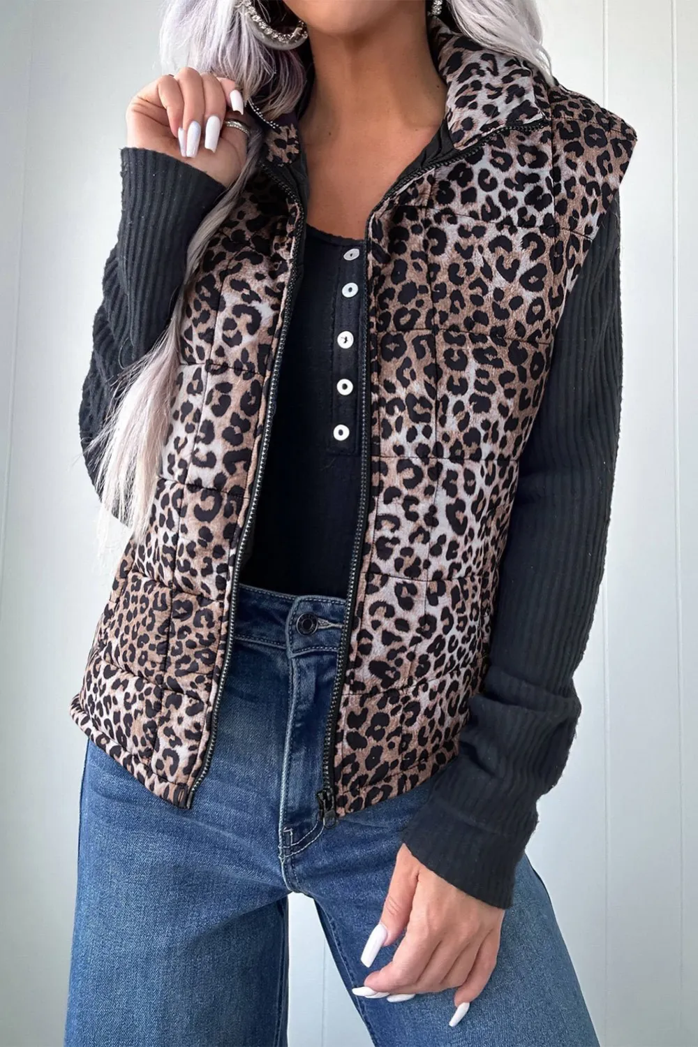 Leopard Quilted Zip Puffer Vest
