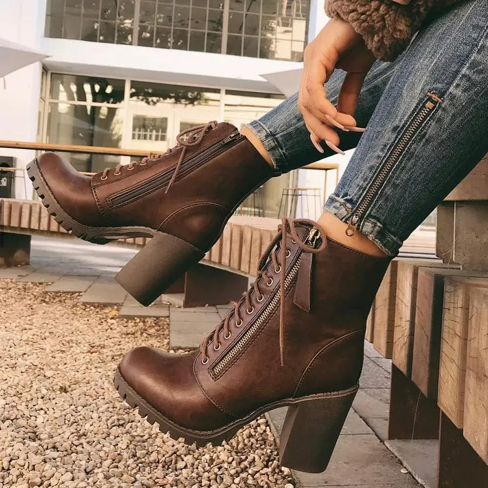 Faux-Leather Lace-Up Zip-Up Round-Toe Ankle Boots