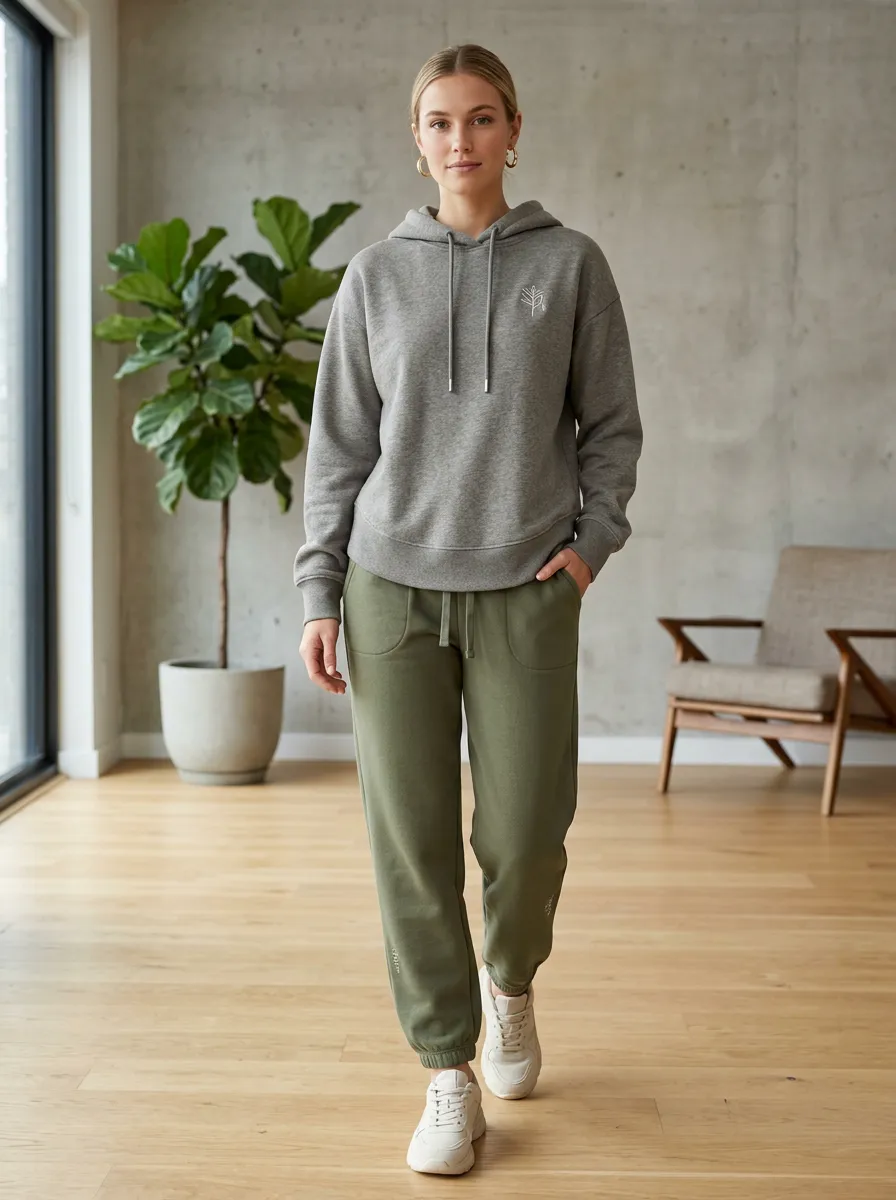 Women's Minimalist Botanical Line Art Printed Hoodie Jogger Set