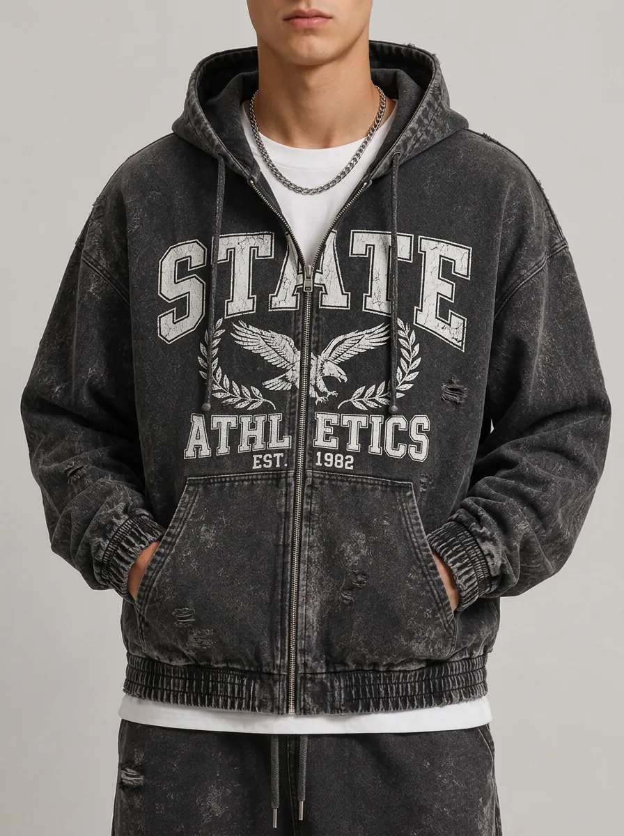 Men's Vintage State Athletics Eagle Printed Zip-Up Hoodie