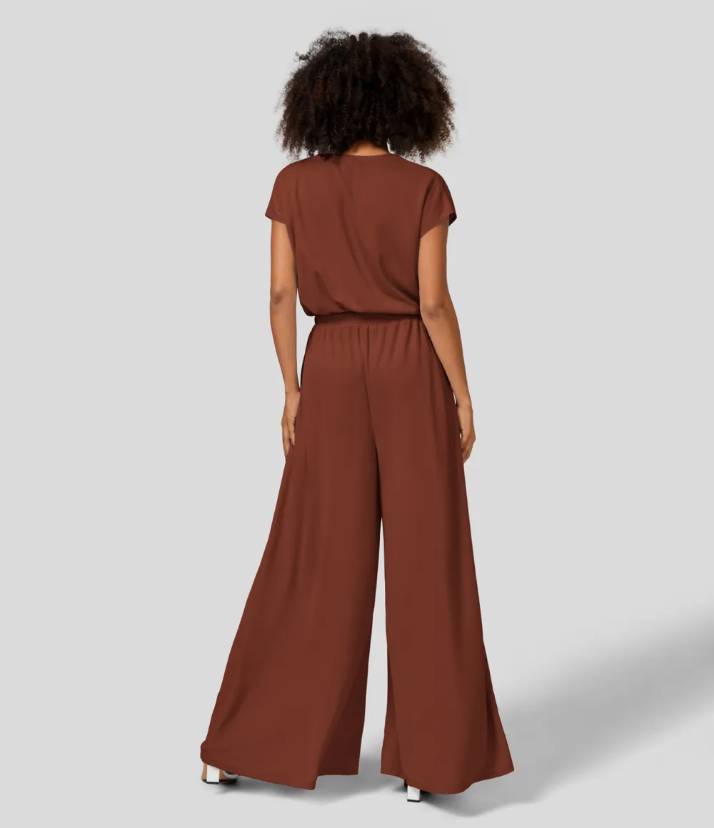 V Neck Short Sleeve Plicated Side Pocket Wide Leg Flowy Waffle Casual Jumpsuit