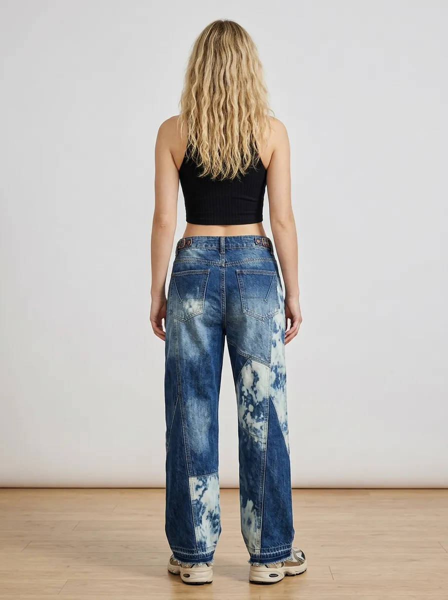 Women's Streetwear Patchwork Bleached Denim Wide Leg Jeans