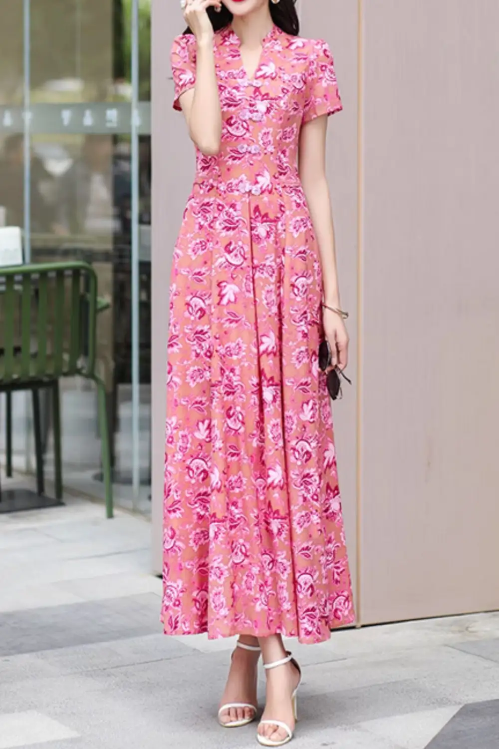 Classic Floral Chiffon V Neck Short Sleeve Maxi Dress