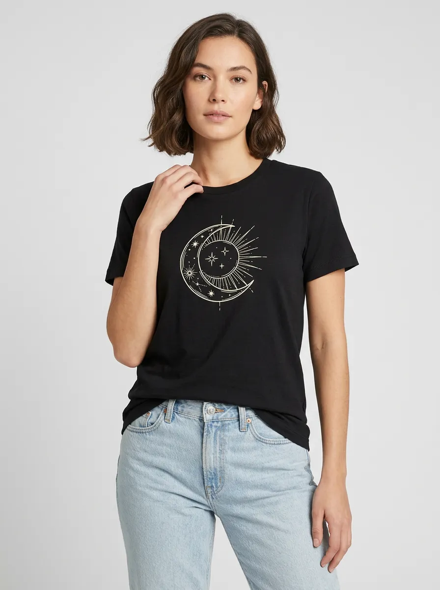 Women's Celestial Boho Moon Sun Stars Graphic T-Shirt