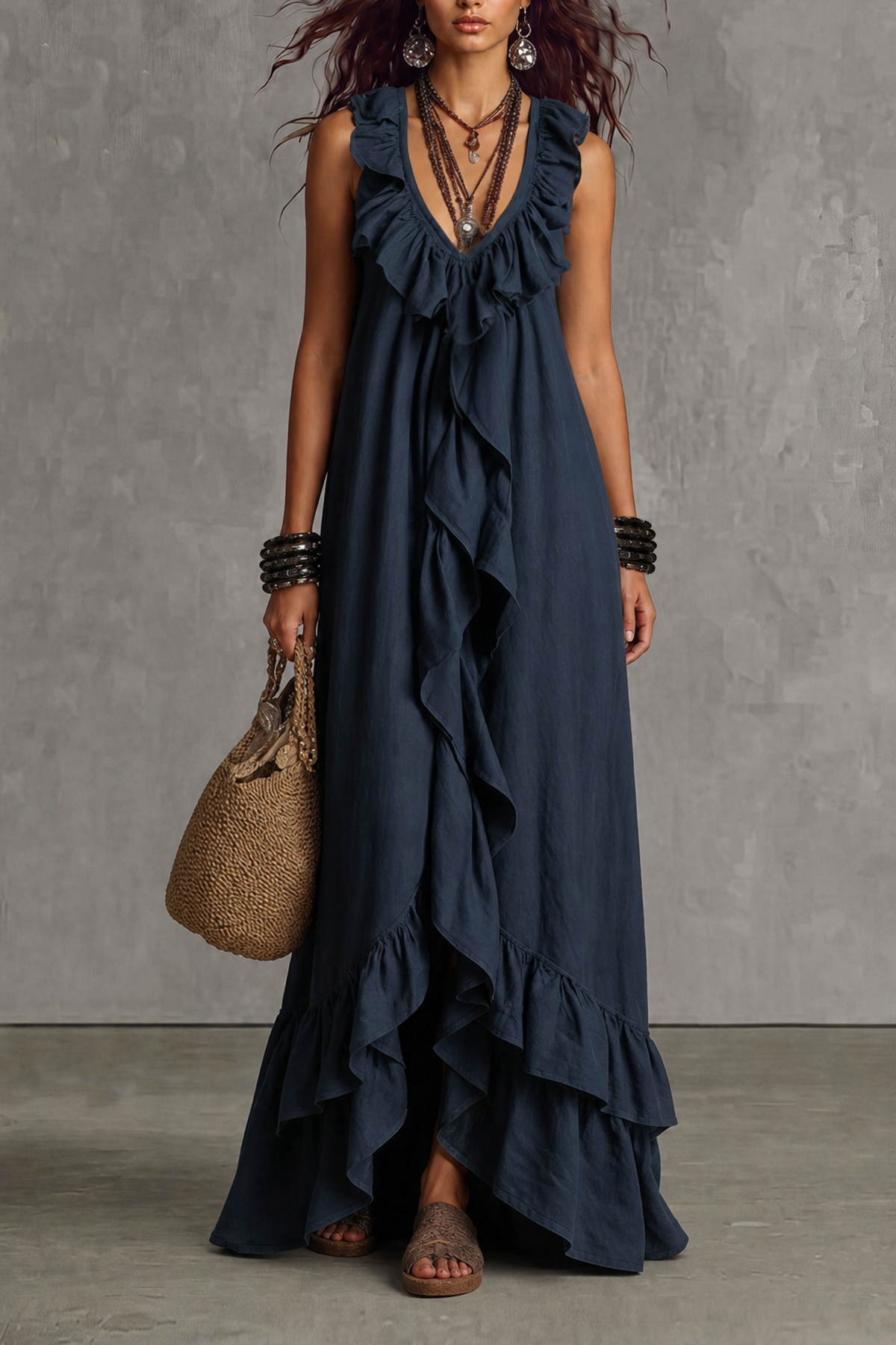 Classic Plunge Neck Ruffle Maxi Dress