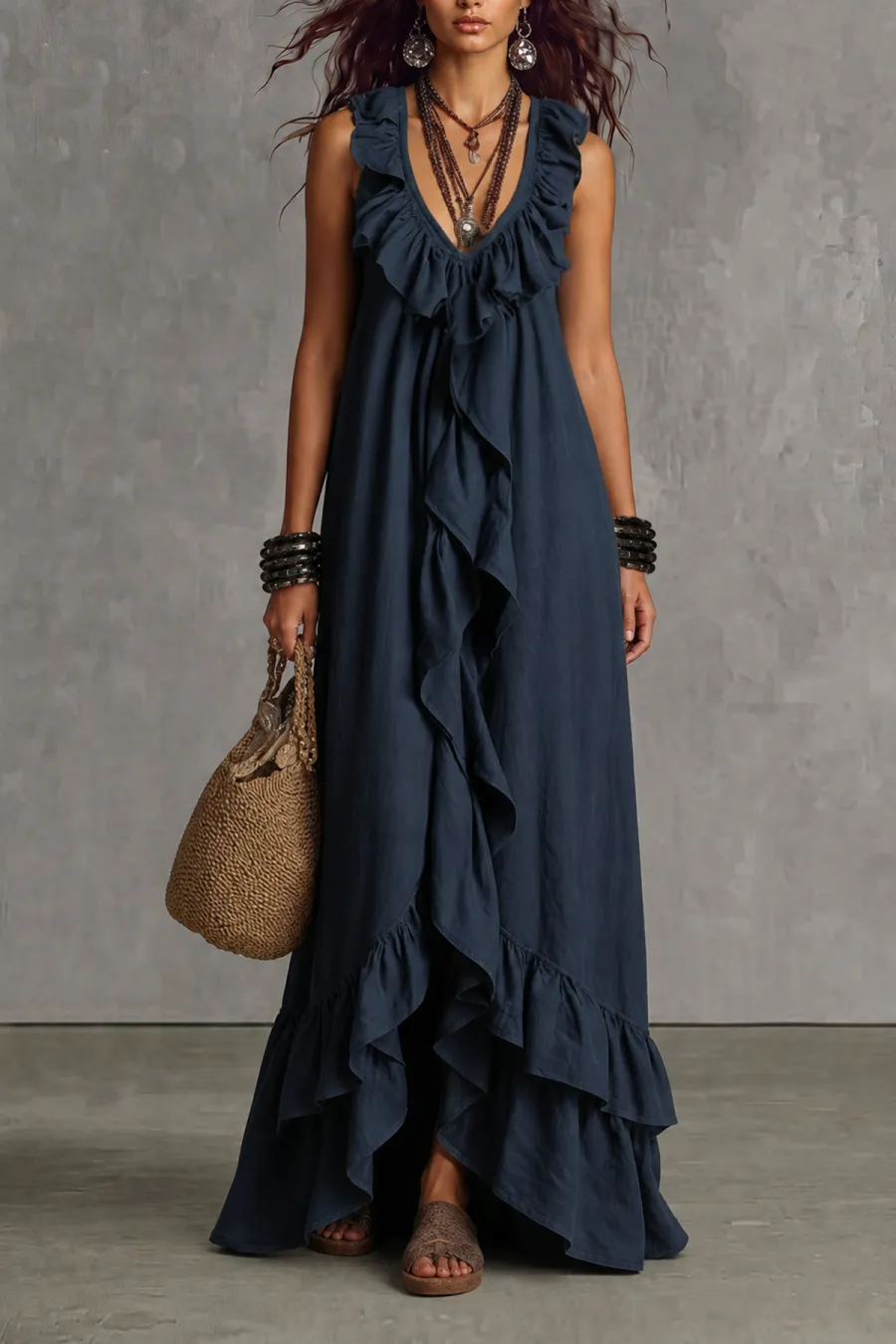 Classic Plunge Neck Ruffle Maxi Dress