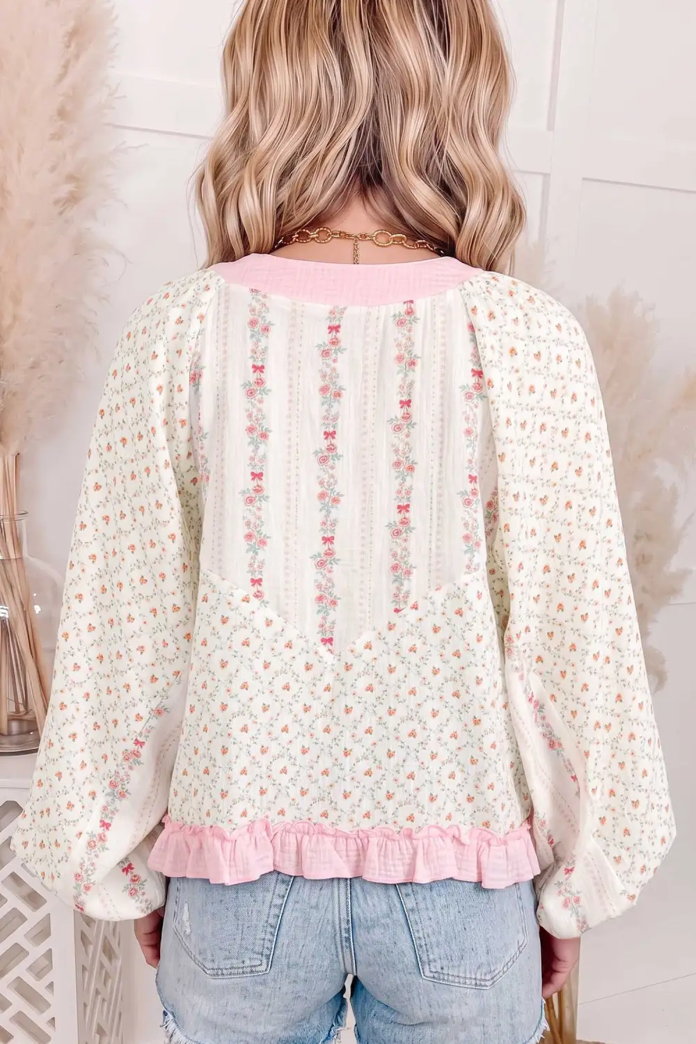 Women's Floral Print Colorblock Lace Top