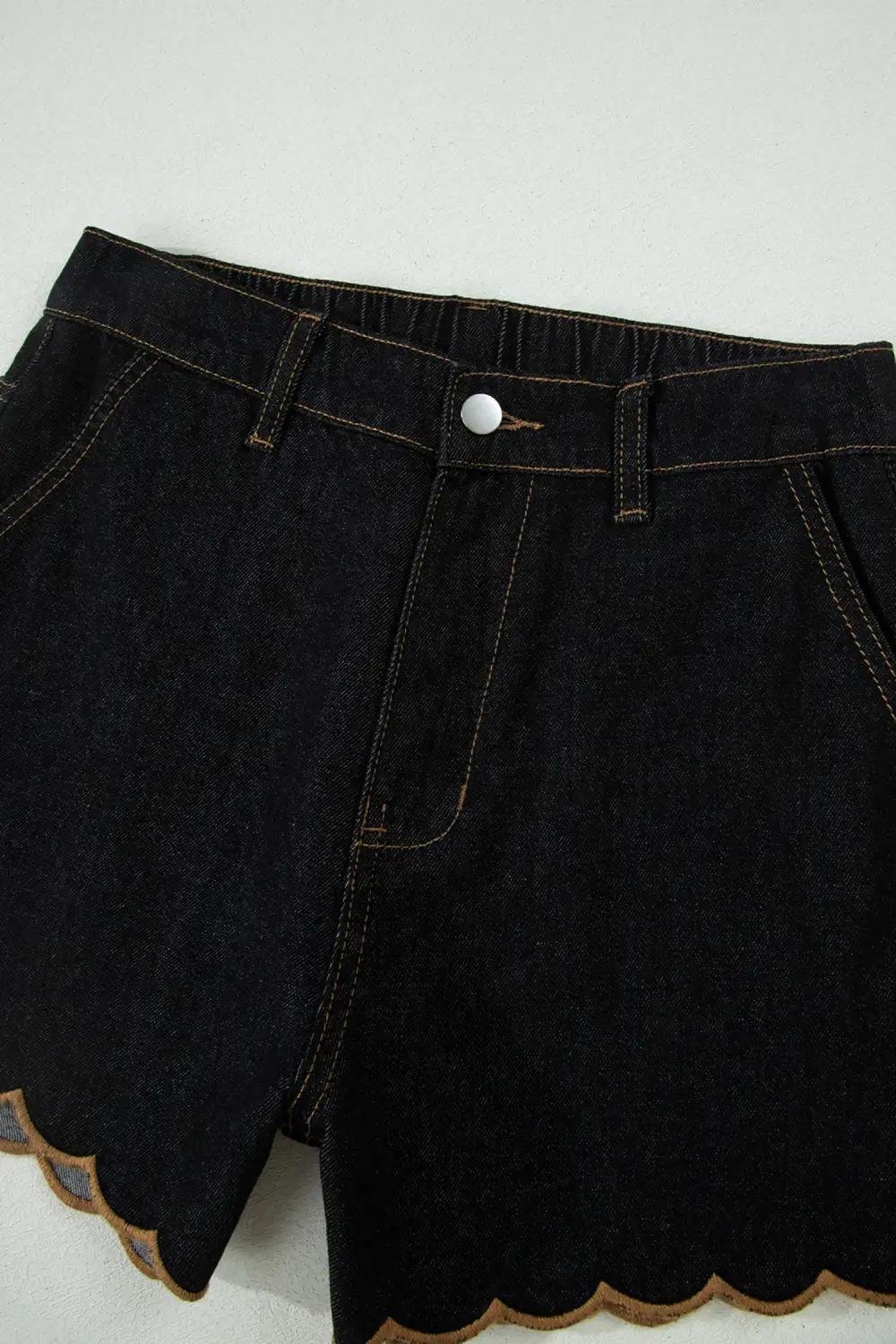 Embroidered High Waist Relaxed Fit Scalloped Denim Shorts