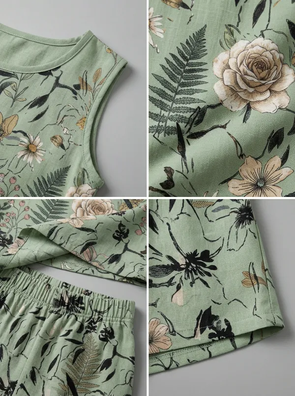Women's Botanical Floral Sage Green Printed Sleeveless Shorts Set