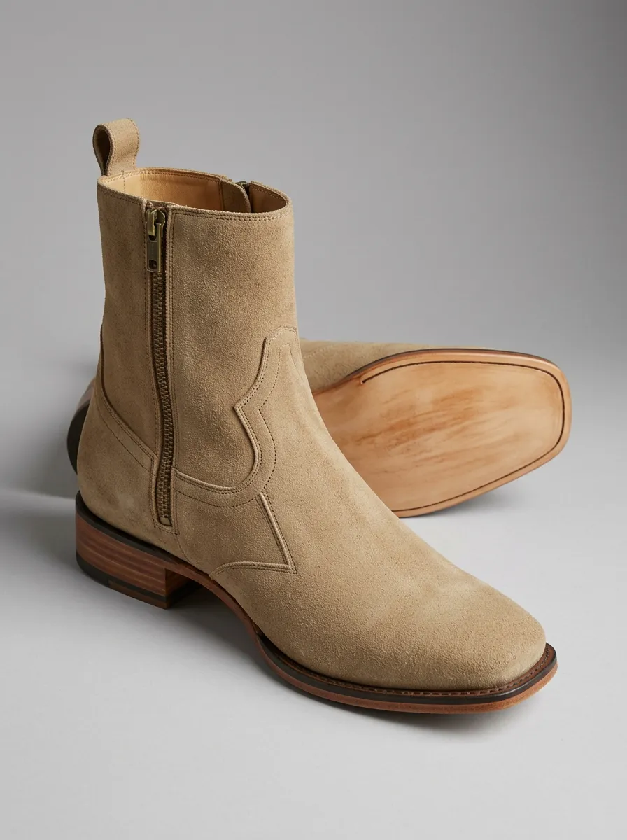Men's Side-Zip Square-Toe Suede-Finish Ankle Western Boots