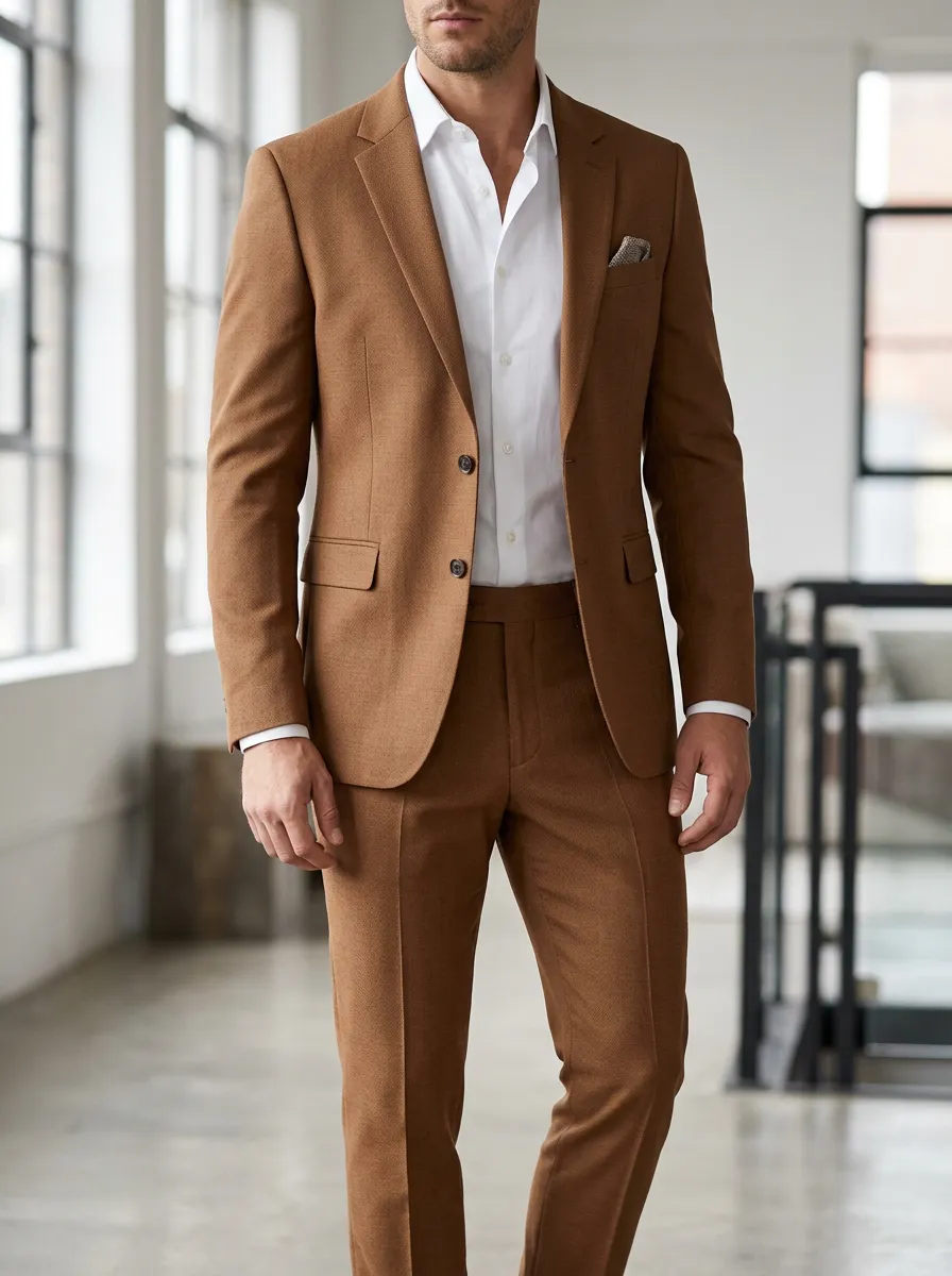 Men's Formal Business Brown Solid Color Slim Fit Suit Set