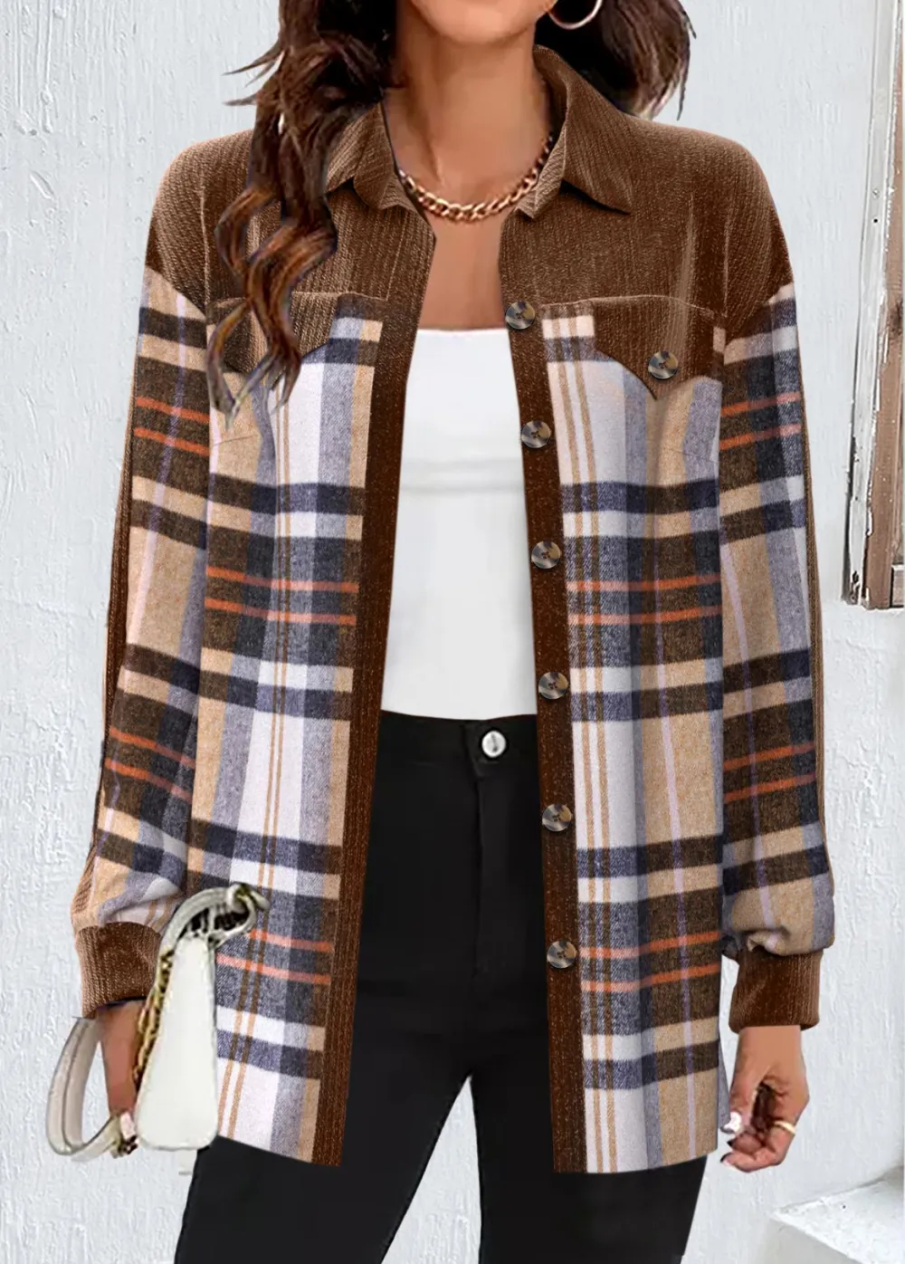 Light Coffee Patchwork Plaid Long Sleeve Coat