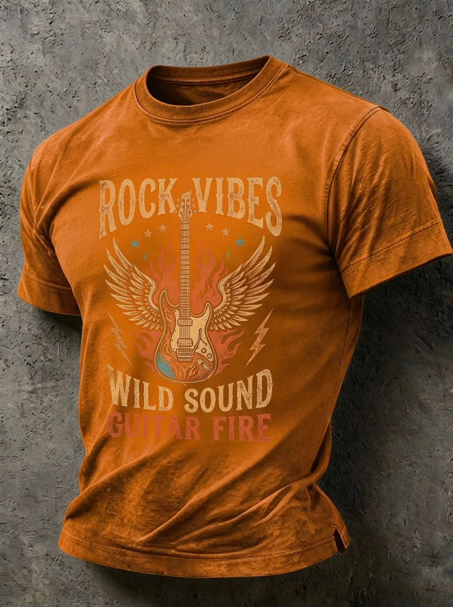 Unisex Rock Music Lover Winged Guitar Fire Printed T-shirt
