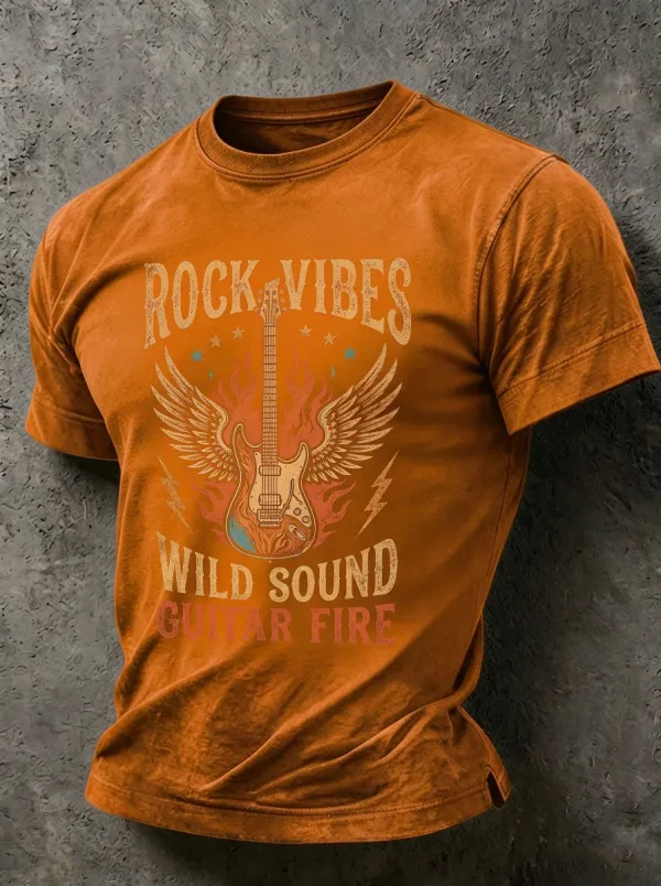 Unisex Rock Music Lover Winged Guitar Fire Printed T-shirt