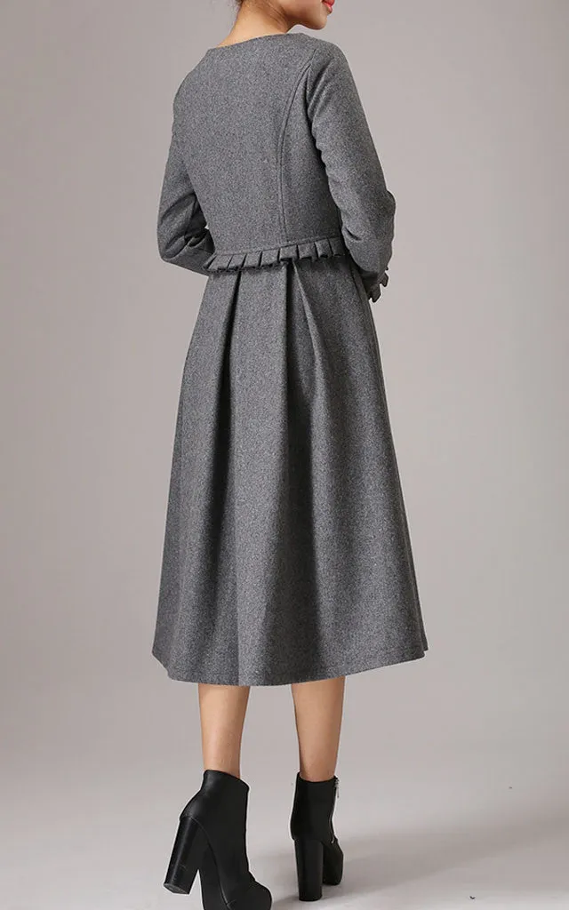 Statement Wool Blend Pleated Long Sleeve Midi Dress