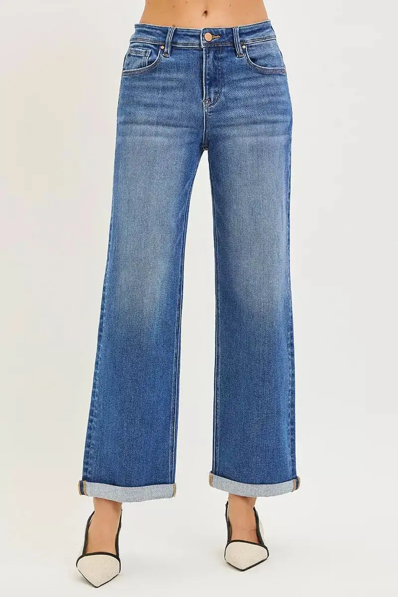 High Rise Cuffed Hem Straight Leg Jeans
