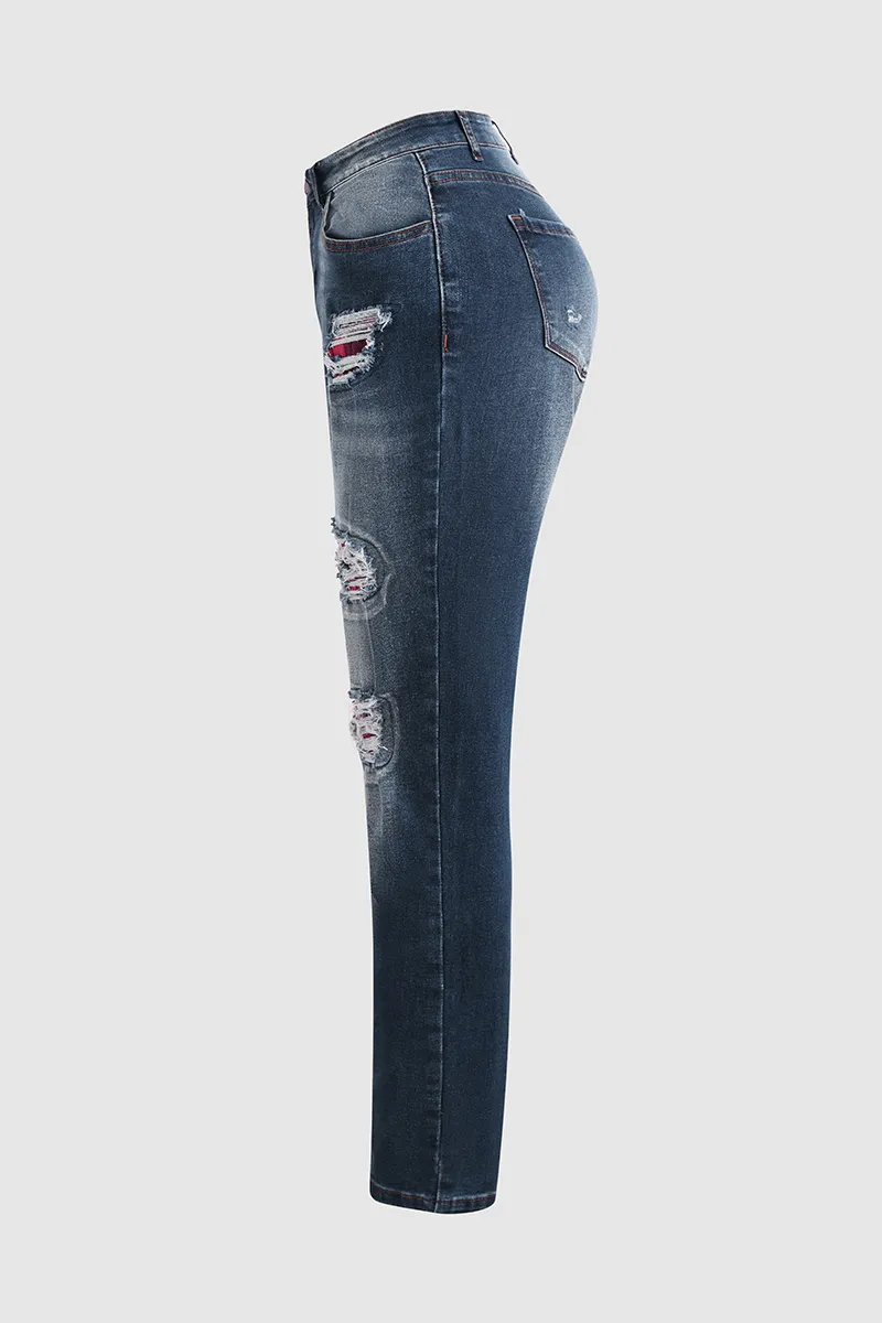 Plaid Panel Patched Mid Rise Skinny Jeans
