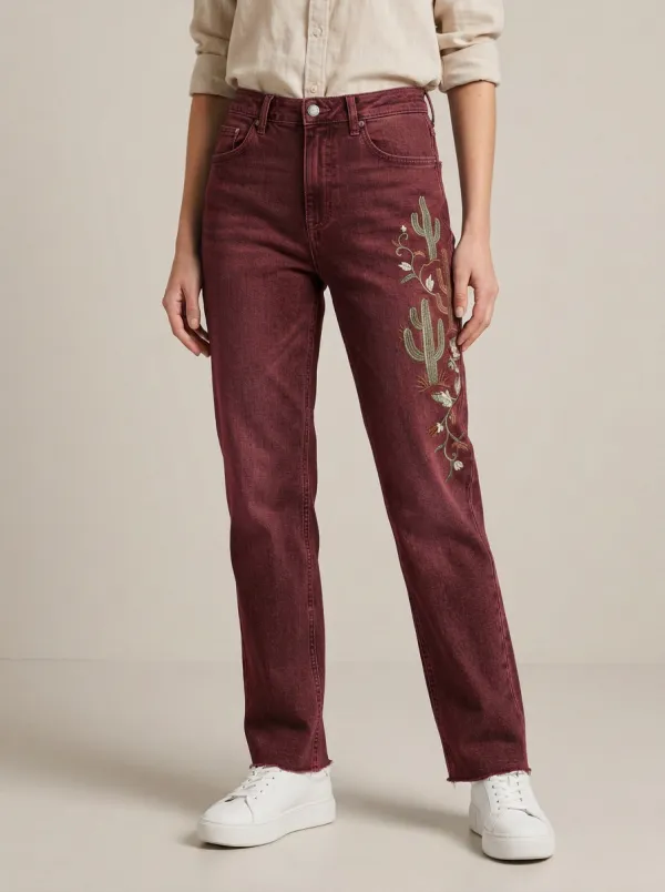 Women's Desert Lover Cactus Embroidered Straight Leg Jeans