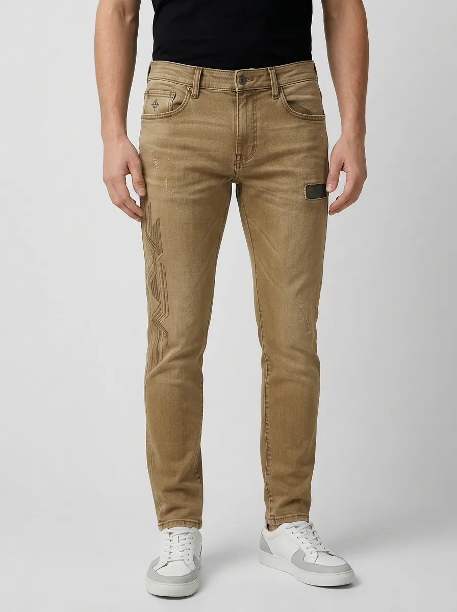 Men's Geometric Pattern Gray Distressed Printed Slim-Fit Jeans