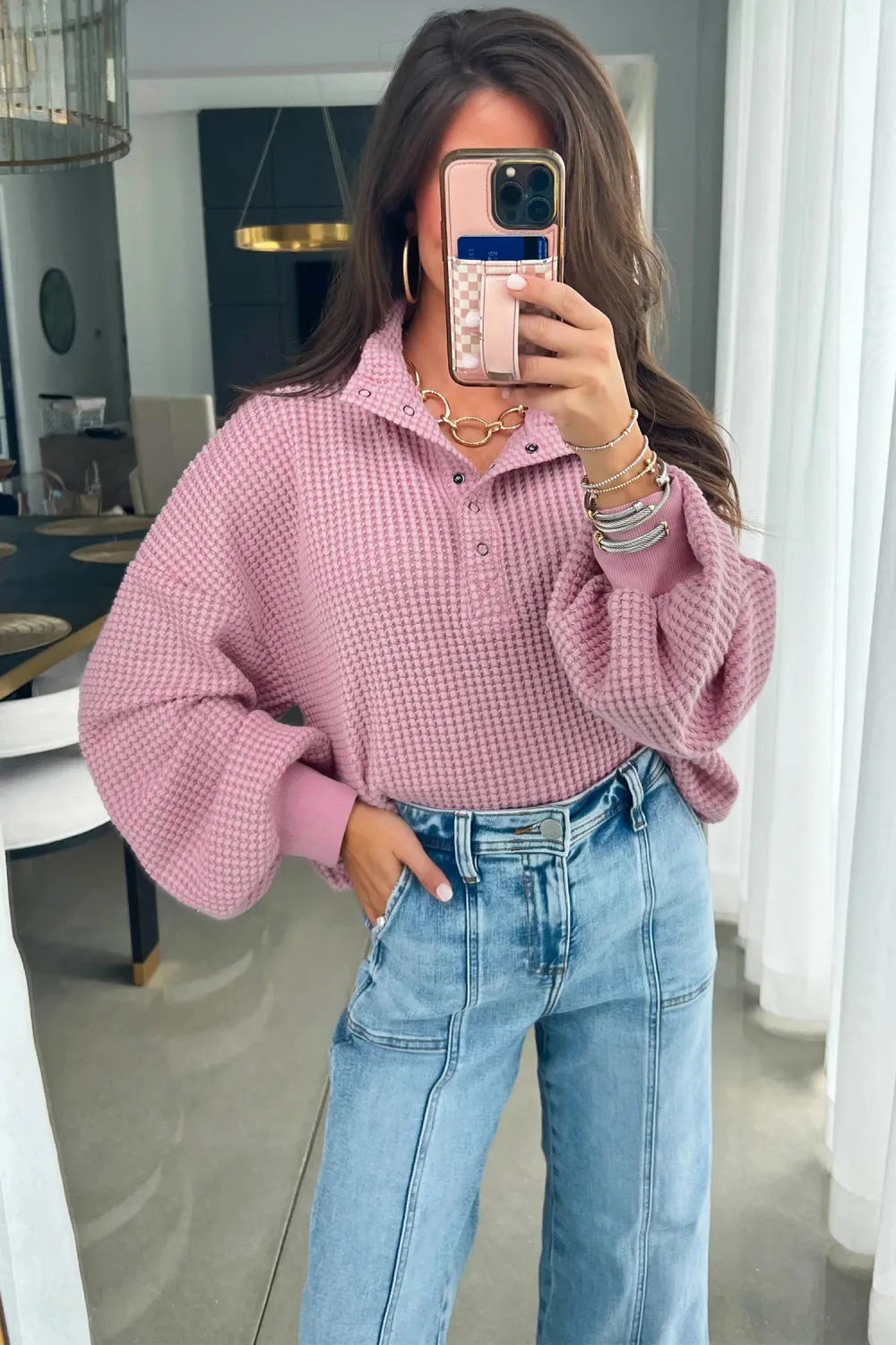 Light Pink Textured Snap Button Top