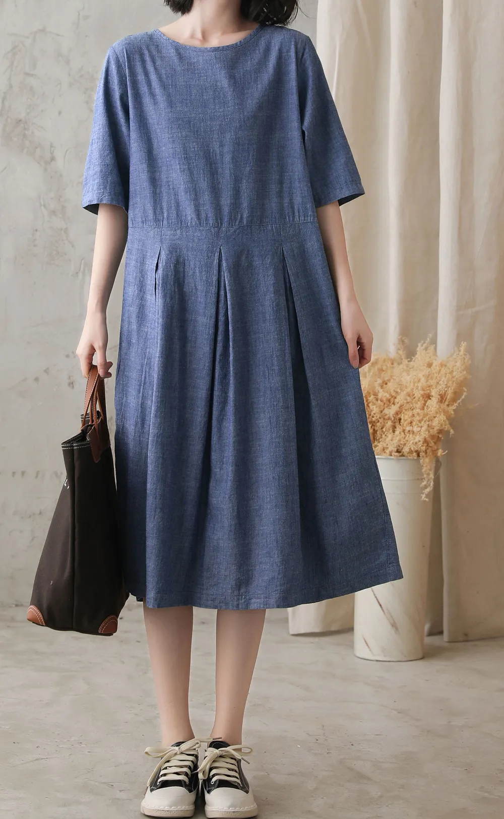 Classic Linen Cotton Pleated Short Sleeve Midi Dress