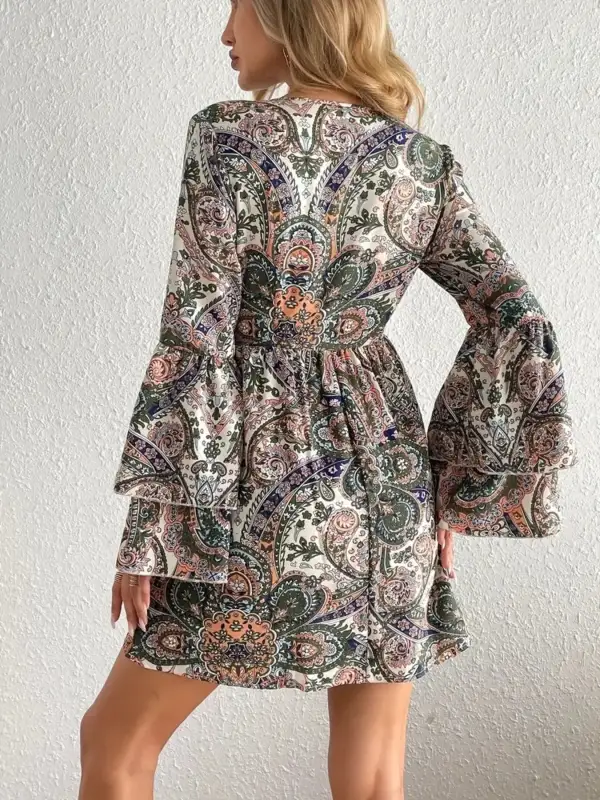 Paisley Printed Bell Sleeve Mini Dress