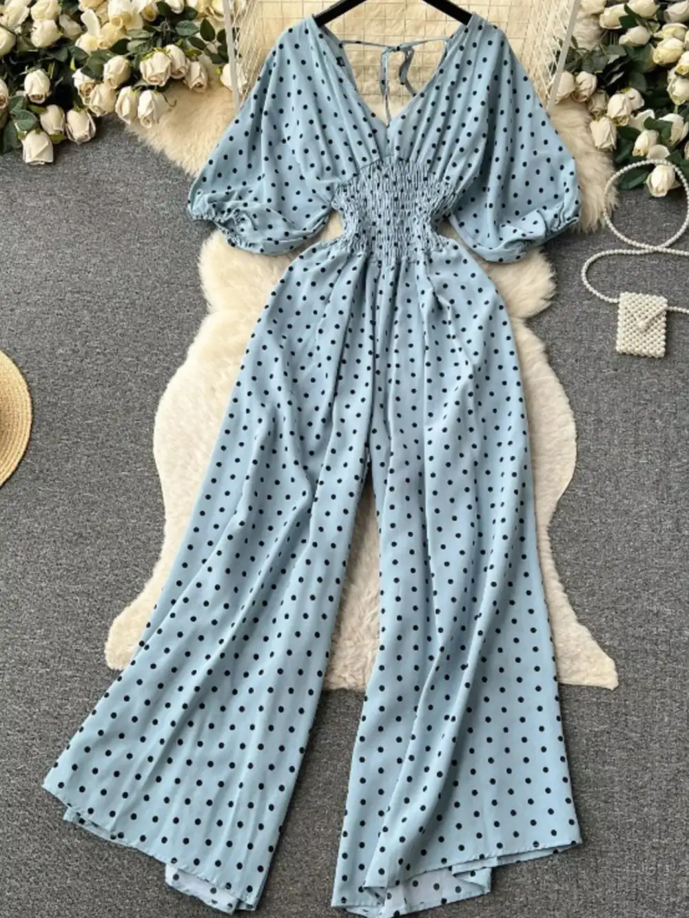 Smocked V Neck Wide Leg Jumpsuit