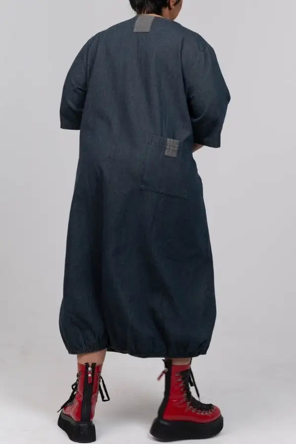 Multicolor Patches Denim Round Neck Relaxed Bubble Midi Dress