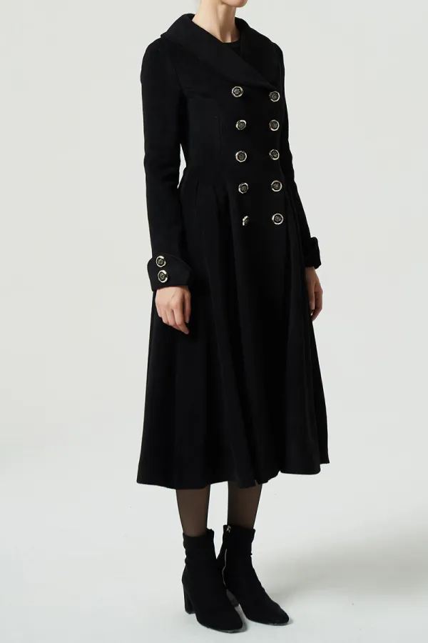 Modern Wool Blend Fit and Flare Double Breasted Lapel Collar Pleated Midi Coat