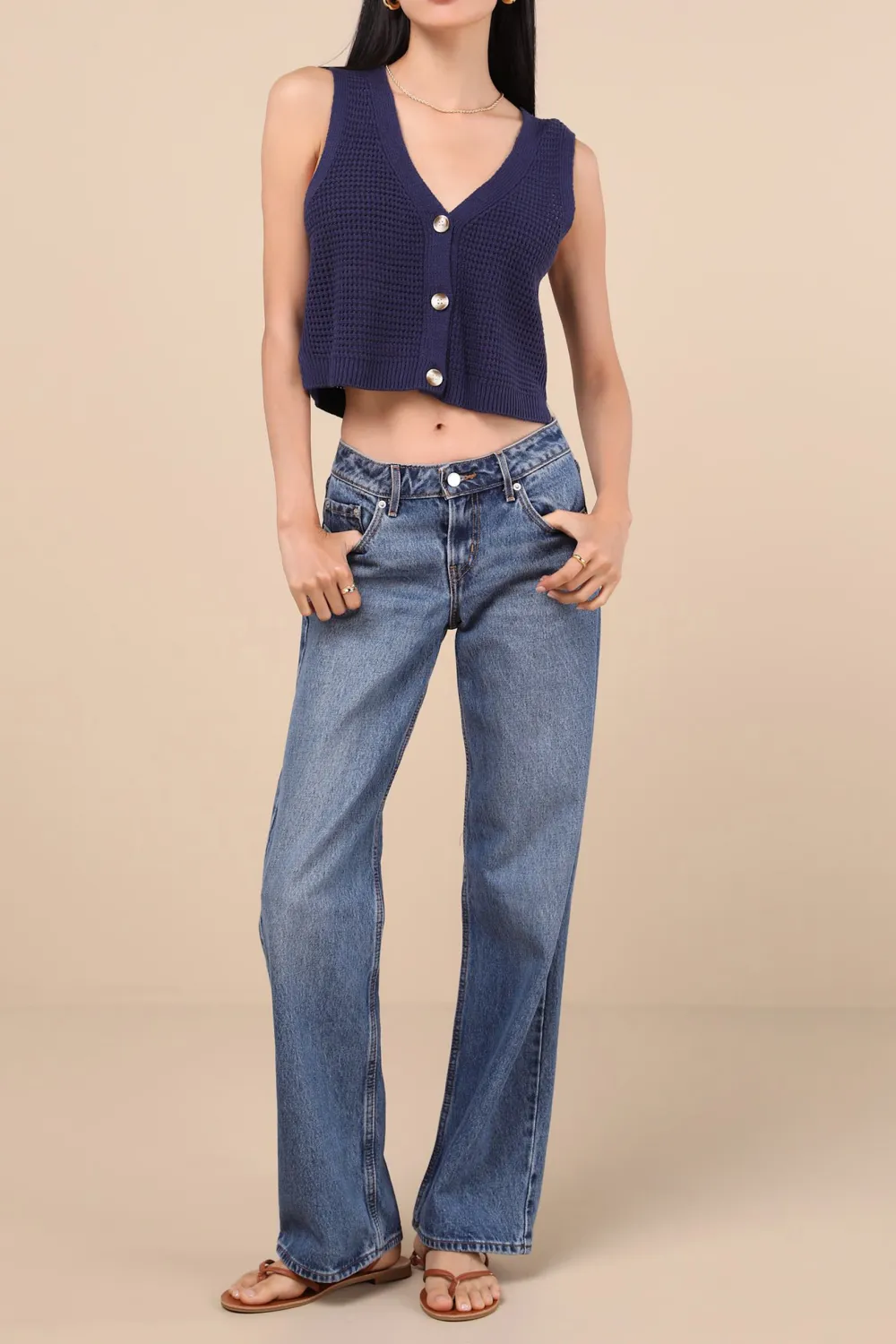 Knit Button-Front Cropped Tank Top