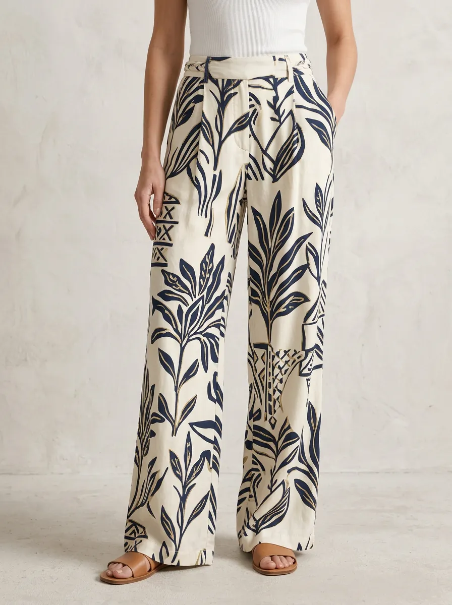 Women's Textile Inspired Botanical Printed Wide Leg Pants