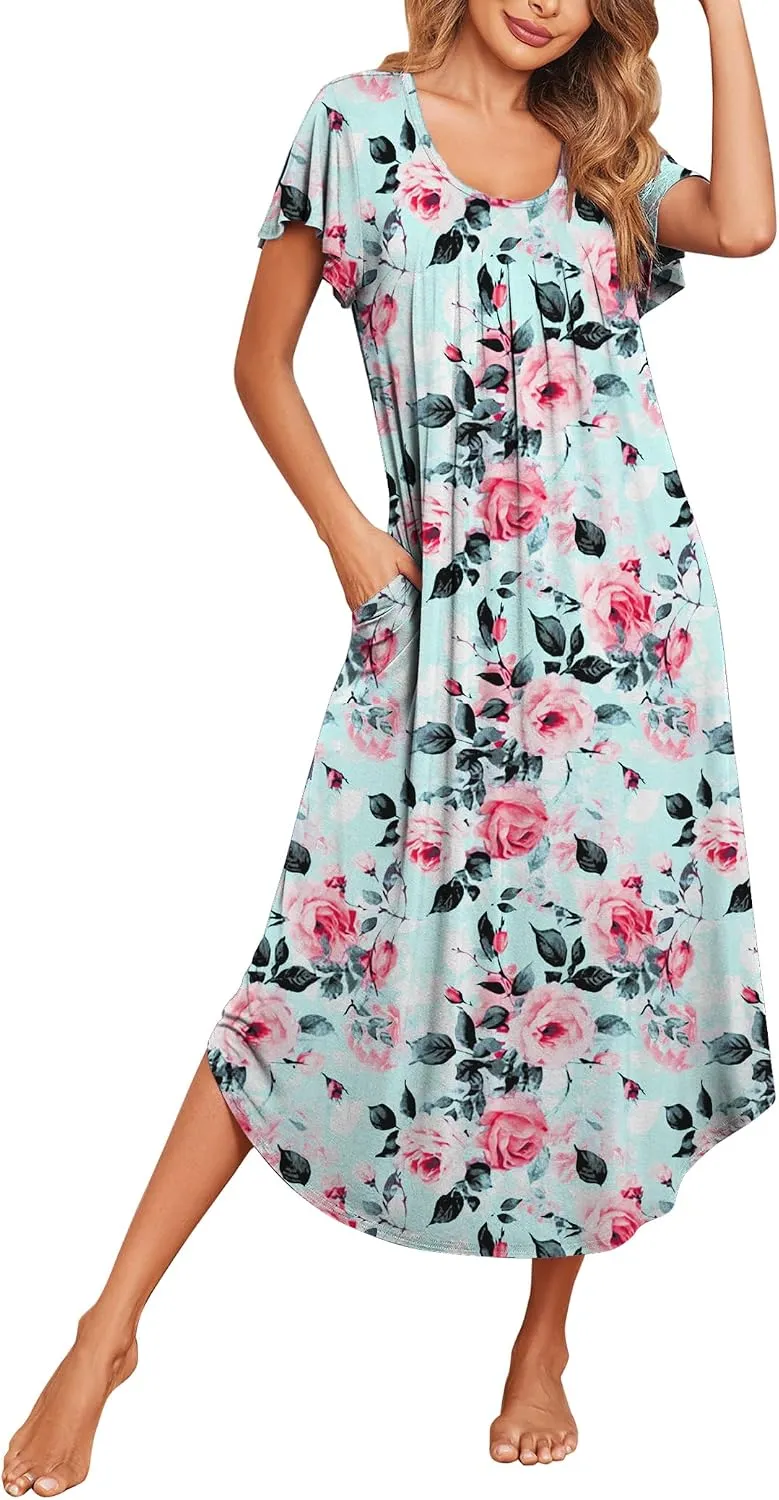 Ekouaer Long Nightgowns for Women with Pockets Short Sleeves House Dresses