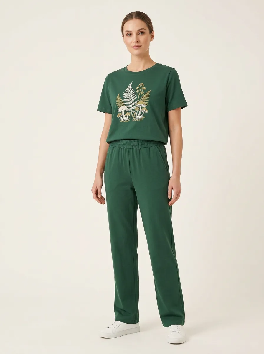 Women's Mushroom Fern Graphic Crewneck T-Shirt and Straight-Leg Pants Set