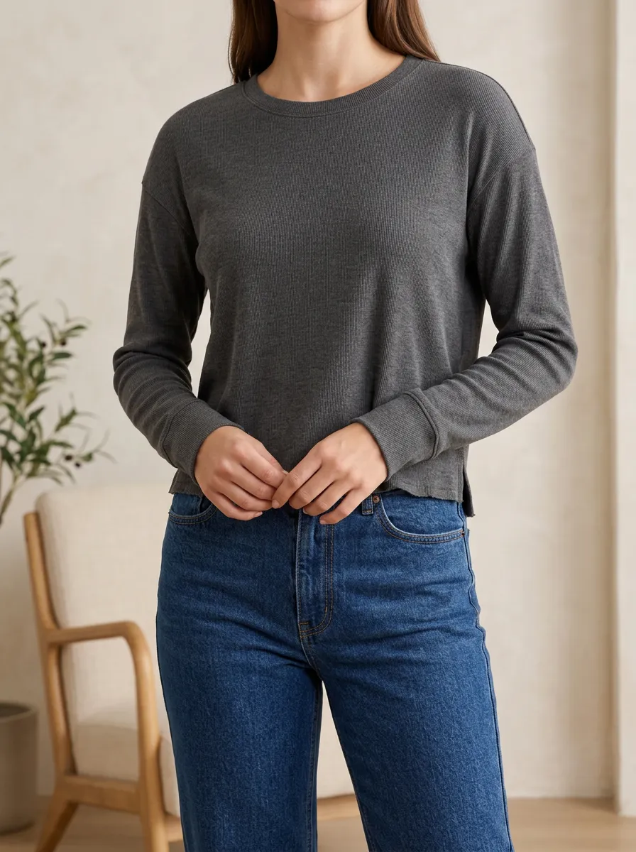 Ribbed Texture Cotton Feel Women's Long Sleeve T Shirt