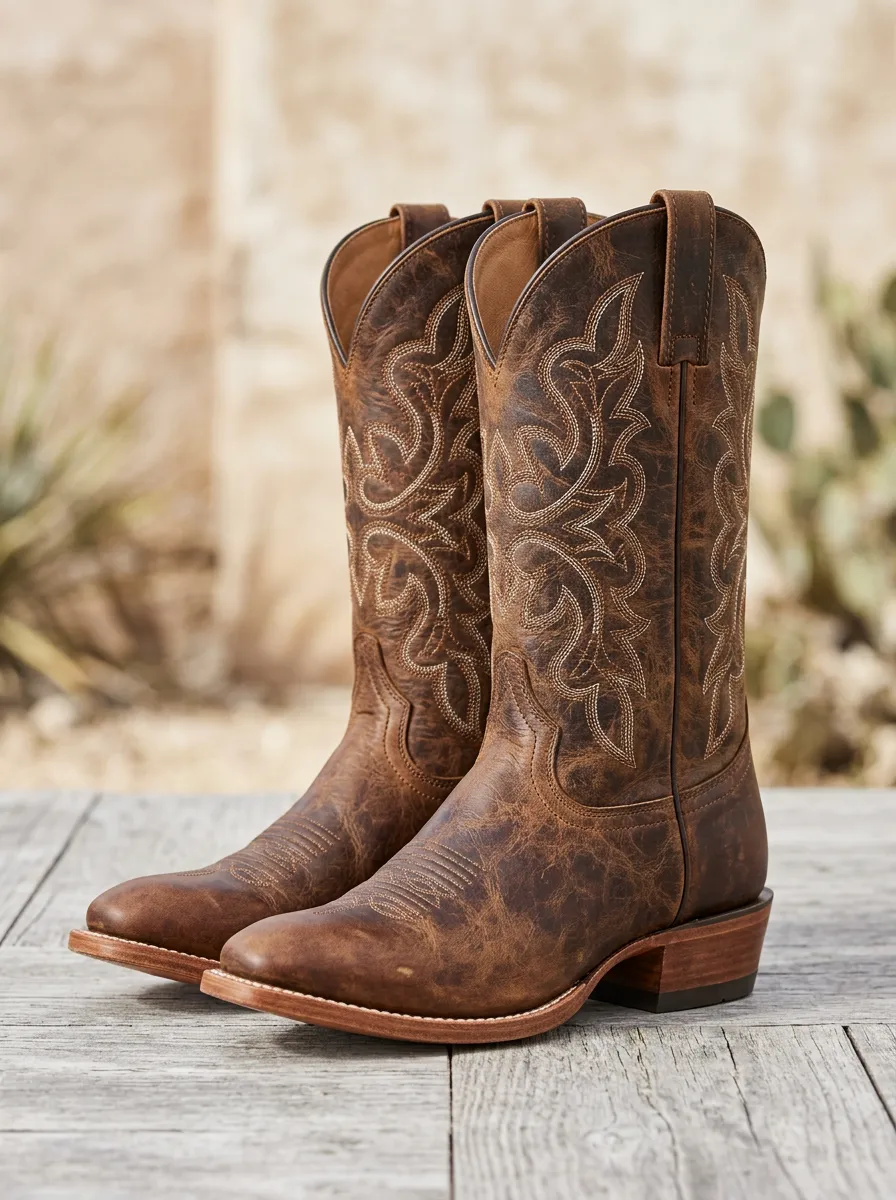 Rodeo-Inspired Embroidered Distressed Leather-Look Silhouette Unisex Western Cowboy Boots