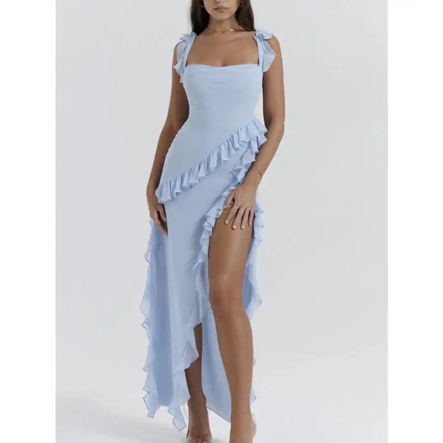 Split Ruffled Square Neck Maxi Dress