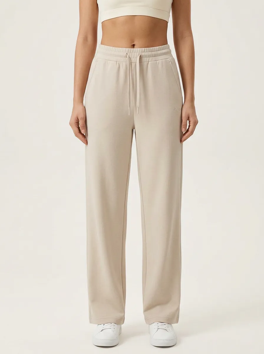 Women's Minimalist Style Solid Beige Drawstring Printed Sweatpants