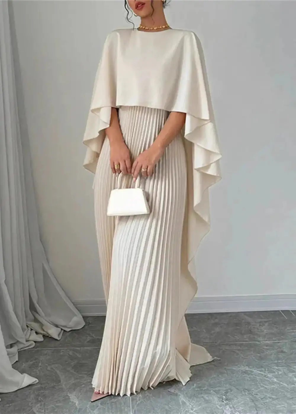  Pleated Maxi Dress Cape
