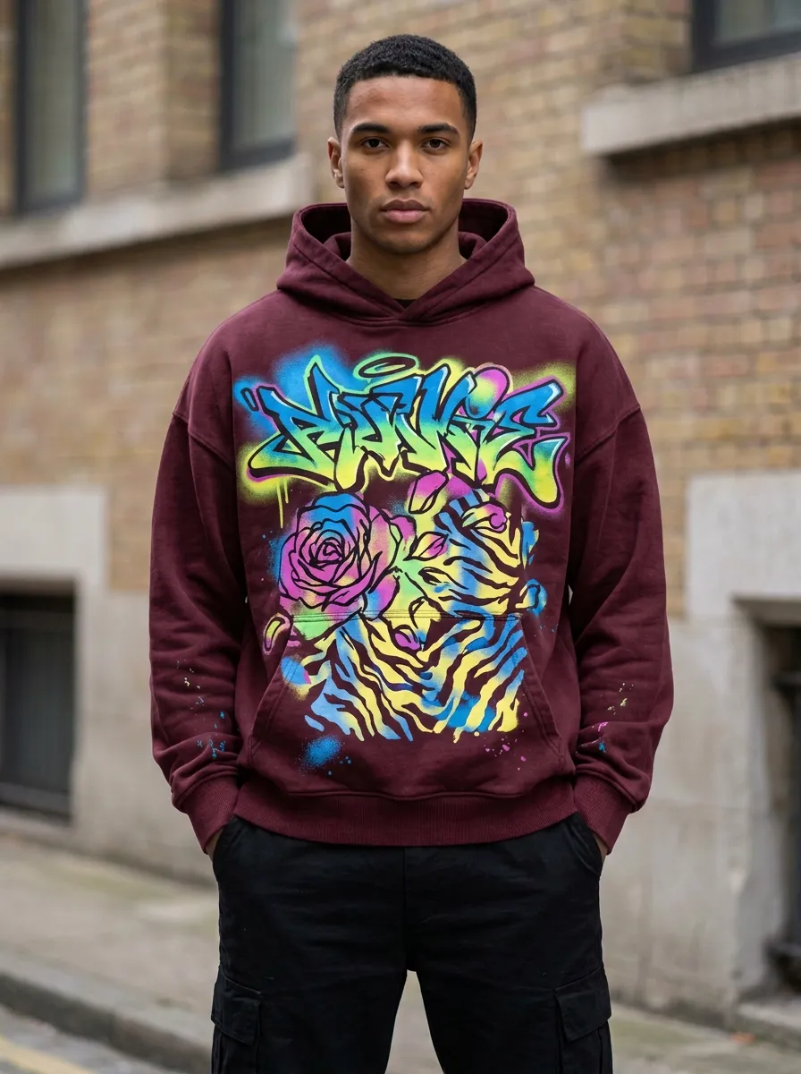 Unisex Streetwear Graffiti Rose Tiger Graphic Hoodie