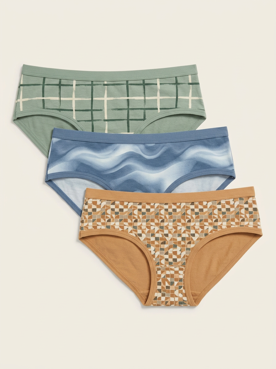 Women's Geometric Plaid Wave Pattern Three-Pack Panties
