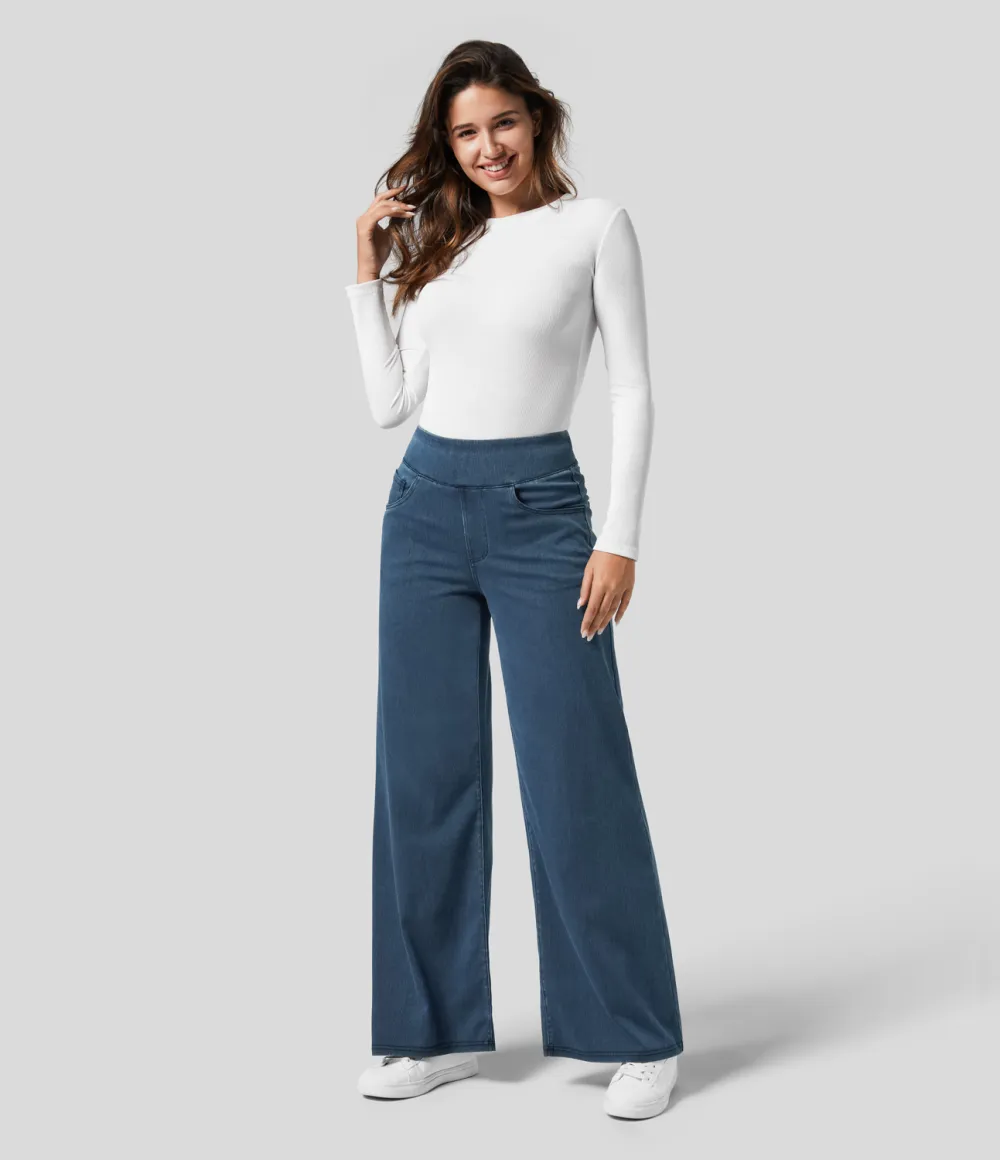 Magic High Waisted Multiple Pockets Wide Leg Loose Stretchy Knit Work Jeans