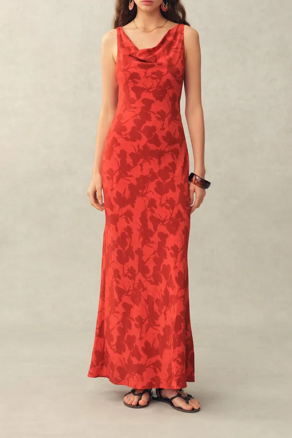 Sleeveless Cowl Neck Crinkle Gauze Maxi Dress