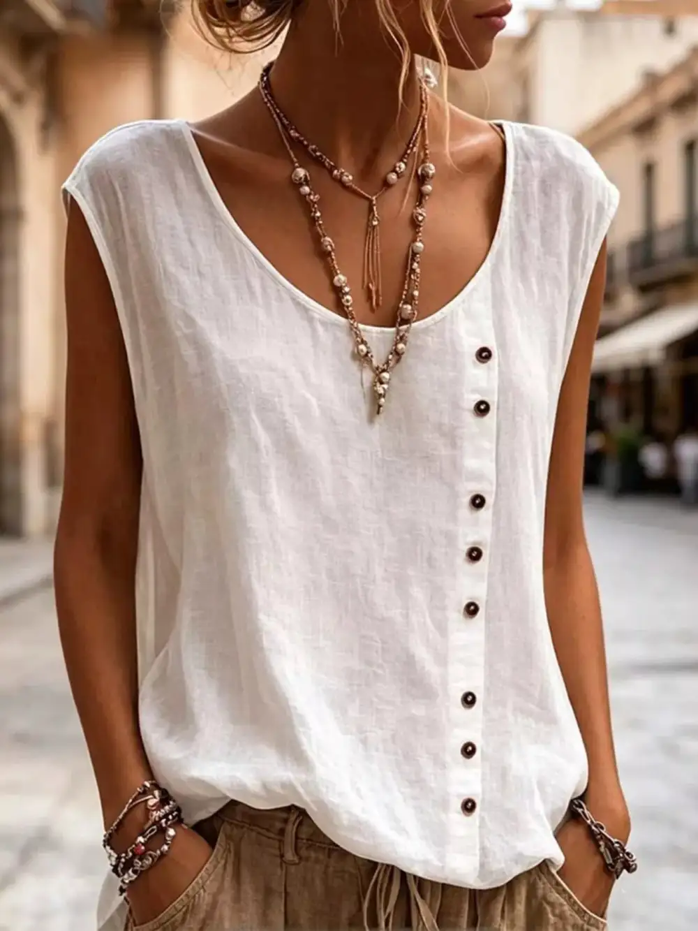 Round-Neck Button-Detail Tank Top