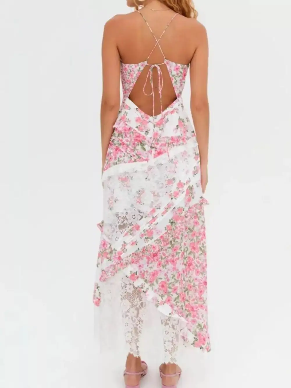 Floral Lace V Neck Maxi Dress