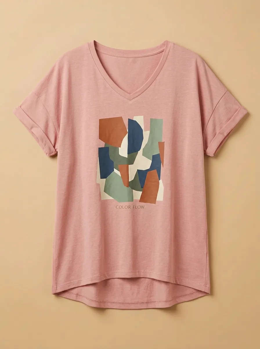 Women's Abstract Art Color Flow Geometric Printed V-Neck T-Shirt