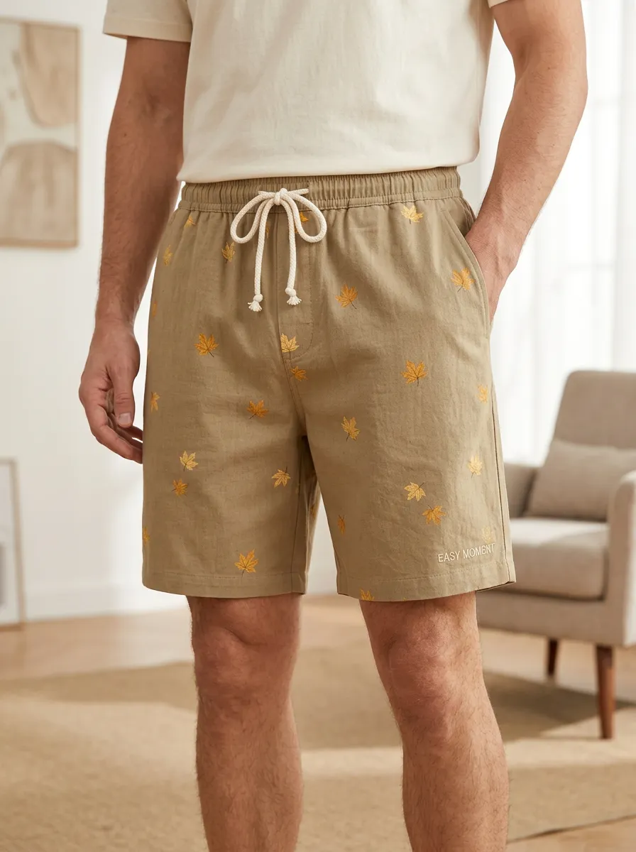 Leaf-embroidered Drawstring Braided Drawstring Shorts