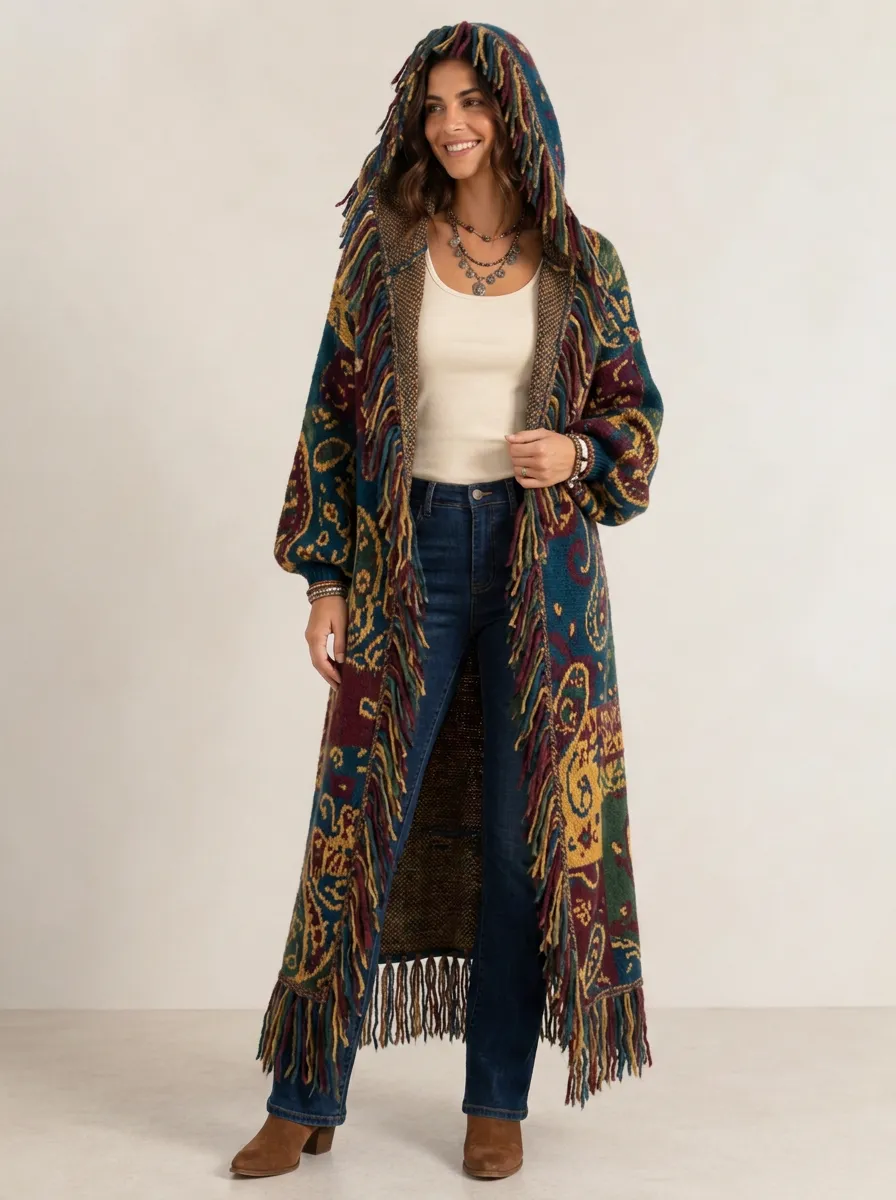 Women's Boho Paisley Pattern Fringe Trimmed Hooded Cardigan